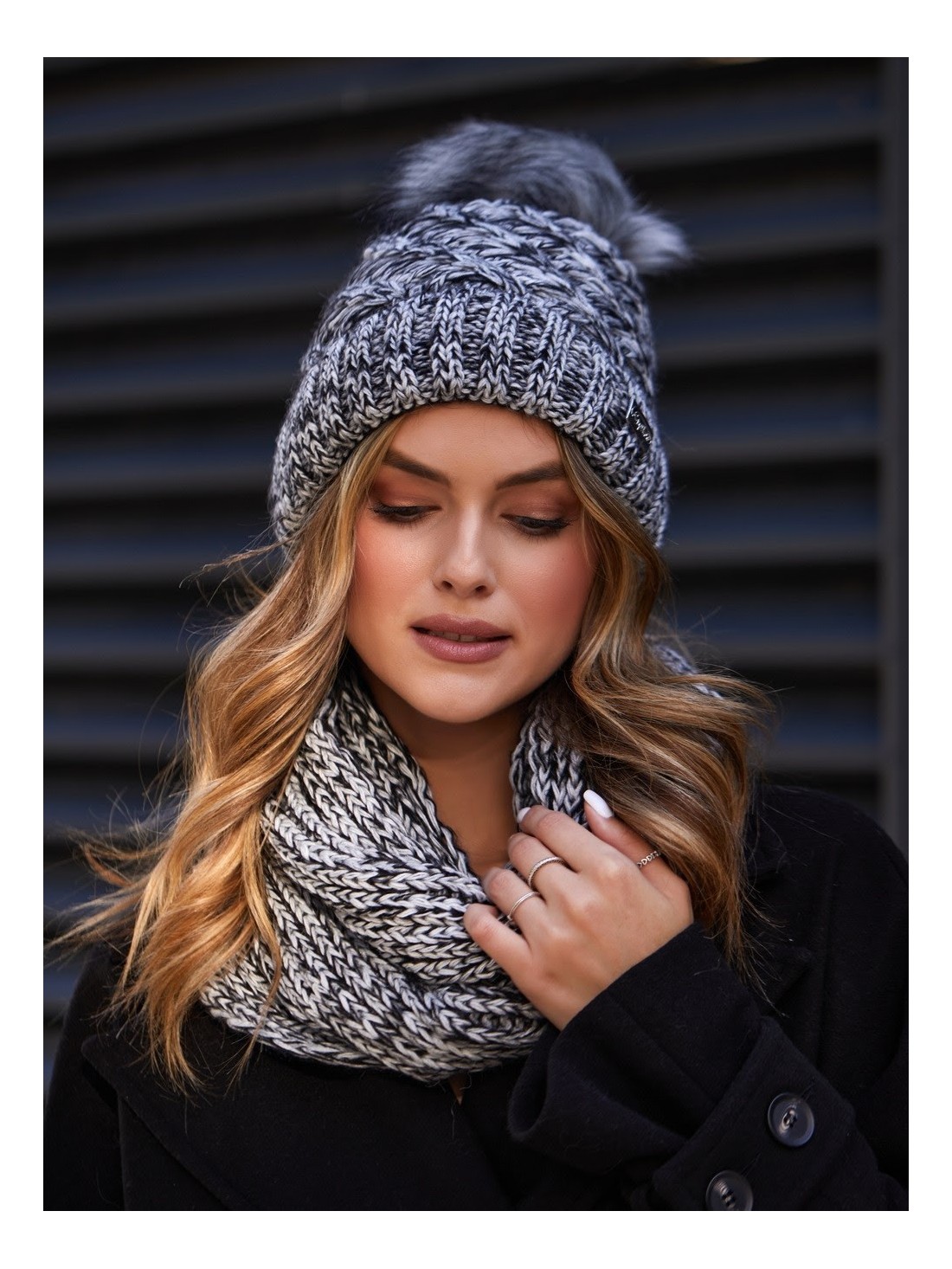 Warm women\'s set with a scarf, light gray and black C34 - Online store - Boutique